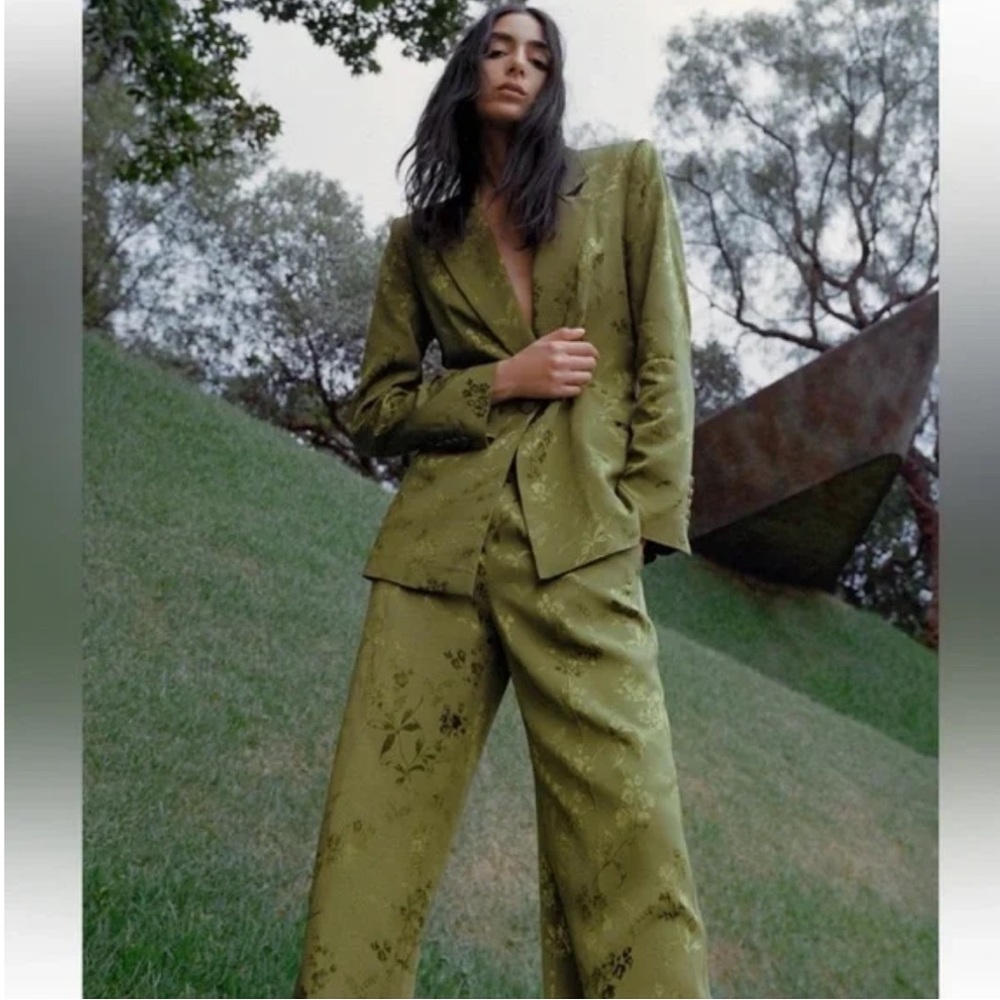 Zara Olive Green Brocade Straight Leg Trousers